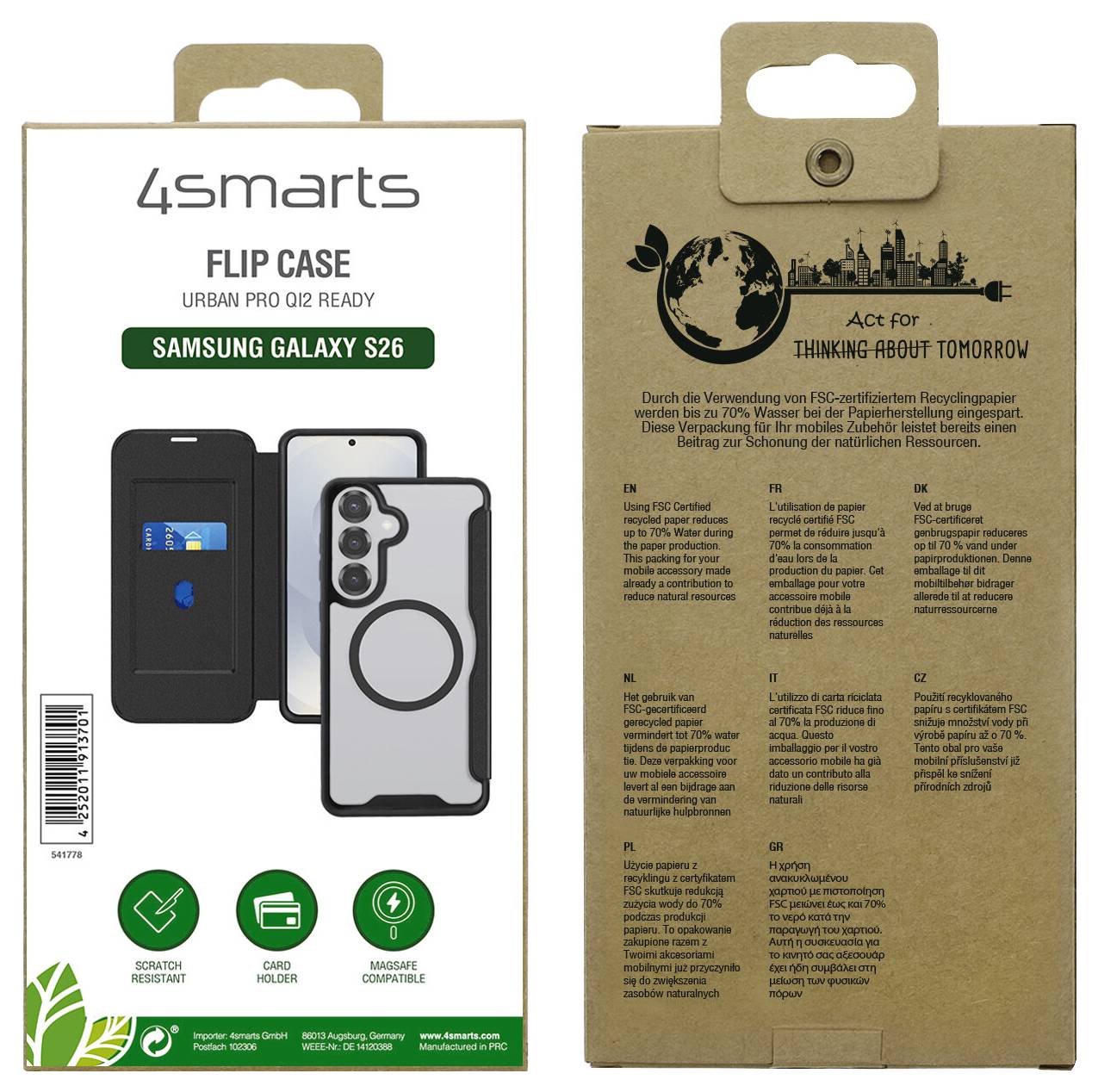 '4smarts Flip Case' pakovanje za Samsung Galaxy S26, prikazujući prednju i stražnju stranu futrole. Ističe zaštitne karakteristike, ekološke materijale i posvećenost održivosti.