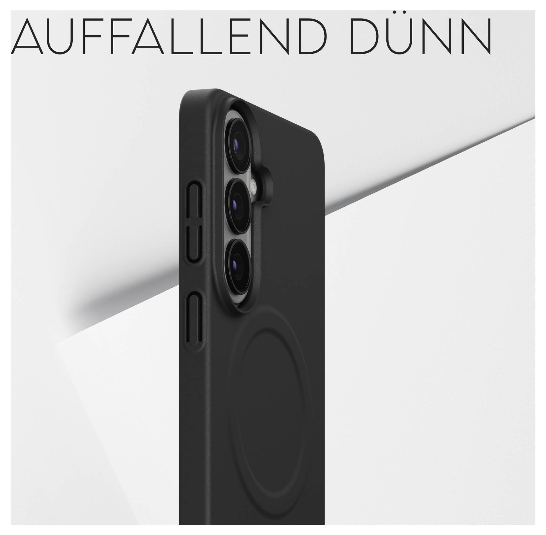 Prikazan je elegantan crni zaštitni okvir za telefon koji ističe svoju tanku liniju prema minimalističkoj bijeloj geometrijskoj pozadini s tekstom 'Auffallend Dünn'.