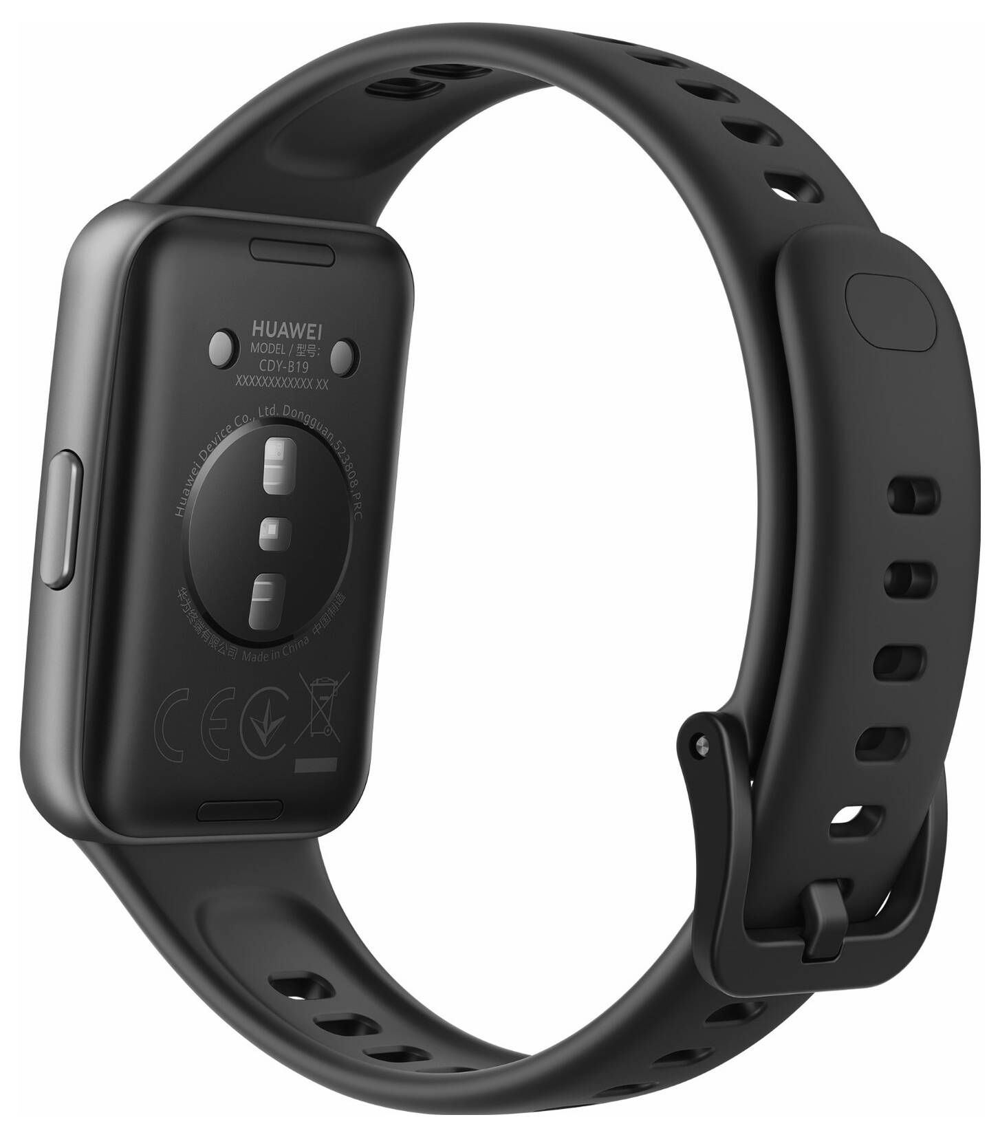 Crni pametni sat koji prikazuje stražnju stranu s senzorom za mjerenje brzine srca, gumbom na boku i regulacijom band.