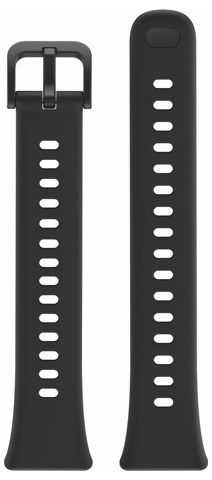 Crna podesiva silikonska vrpca za sat s rupama za dimenzioniranje i metalnom kopčom, dizajnirana da se prilagodi različitim veličinama zapešća.