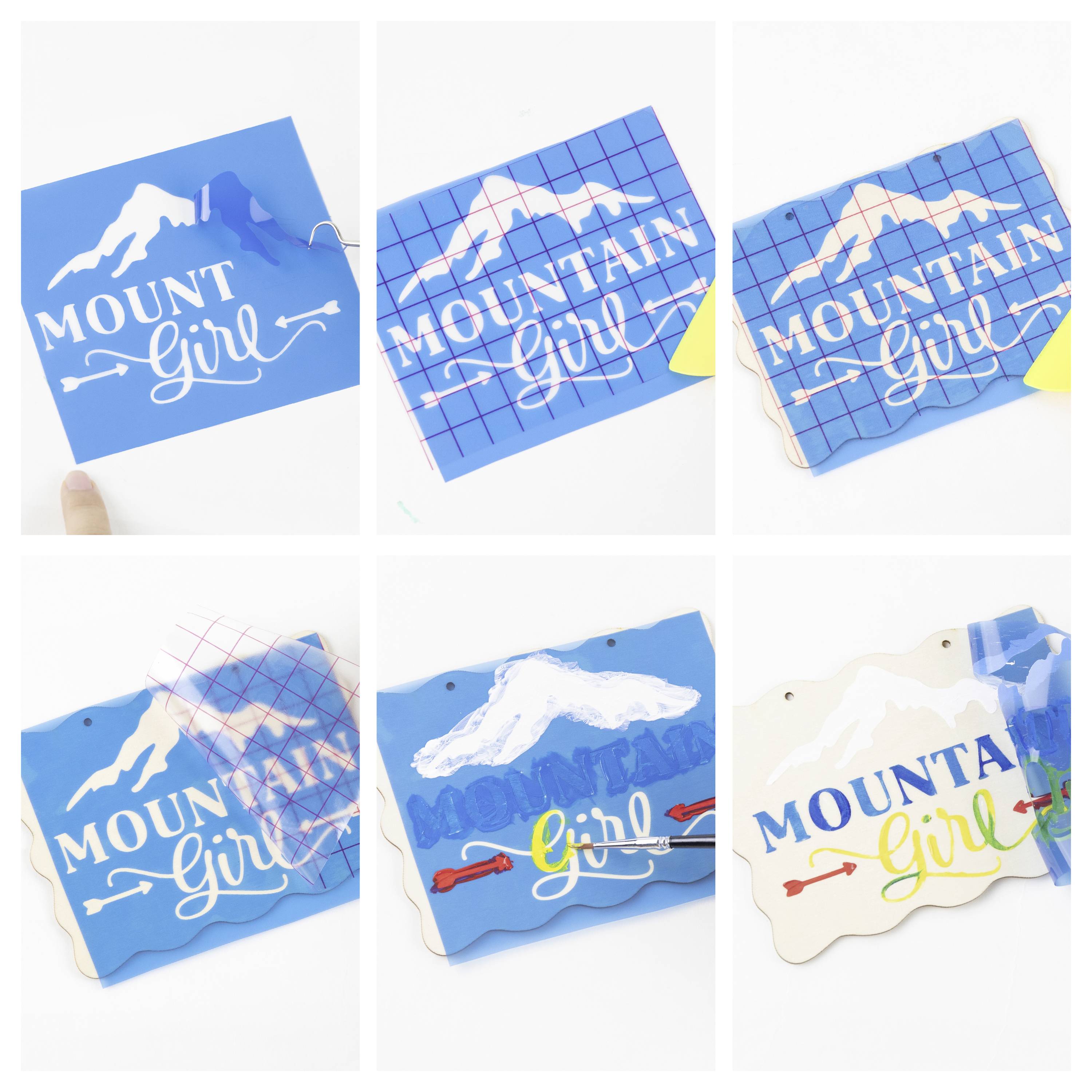 Postupak izrade kartice 'Mountain Girl' u šest koraka: rezanje, poravnavanje slojeva, pozicioniranje teksta, prilagođavanje boja i završetak rubova.