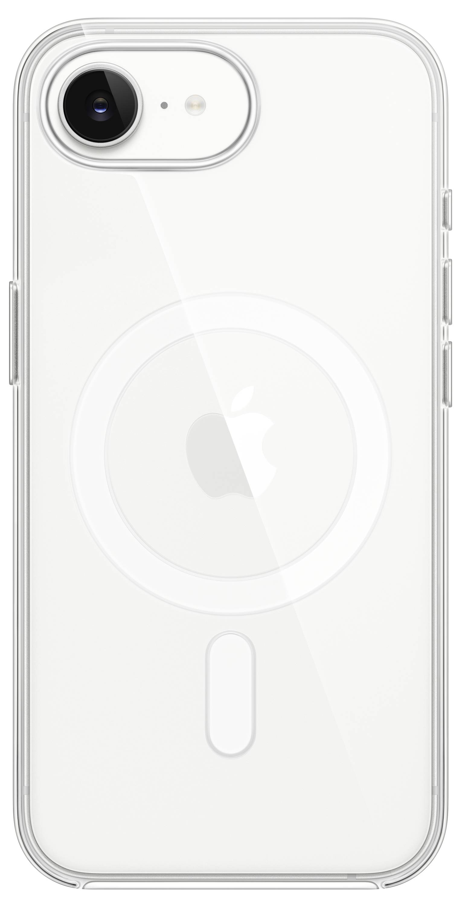 Prozirna zaštitna futrola za pametni telefon s vidljivim magnetskim prstenom i Apple logotipom na poleđini, dizajnirana za poboljšanu zaštitu uređaja i kompatibilnost s MagSafe-om.