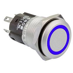 Metalni pritisni sklopka sa plavim LED prstenom, korišten za elektroniku, prikazuje bočni pregled priključaka i dizajna gumba.