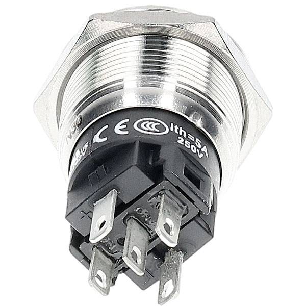 Metalni gumb za pritiskanje s navojima za vijak i više priključnih iglica, označen s 'Ith 5A 250V', okružen certifikacijskim logotipima.