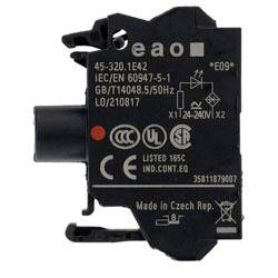 Električna komponenta s certifikacijskim logotipima, brojem modela '45-320.1E42' i tekstom 'Made in Czech Rep.' na jednoj strani.