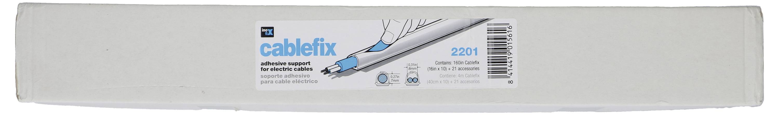 Paket označen kao 'cablefix' s ilustracijom držača kabela. Dizajniran za organizaciju žica, s adhezivnom potporom za siguran položaj.