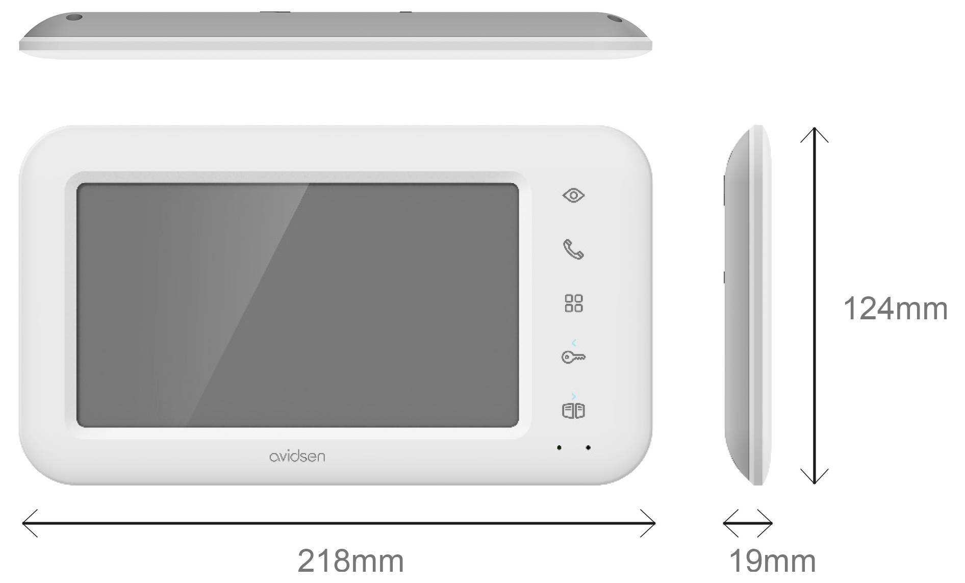 Uređaj za video interfon sa 7-inčnim ekranom prikazan u frontalnom i bočnom pogledu. Dimenzije: 218mm širina, 124mm visina, 19mm debljina.