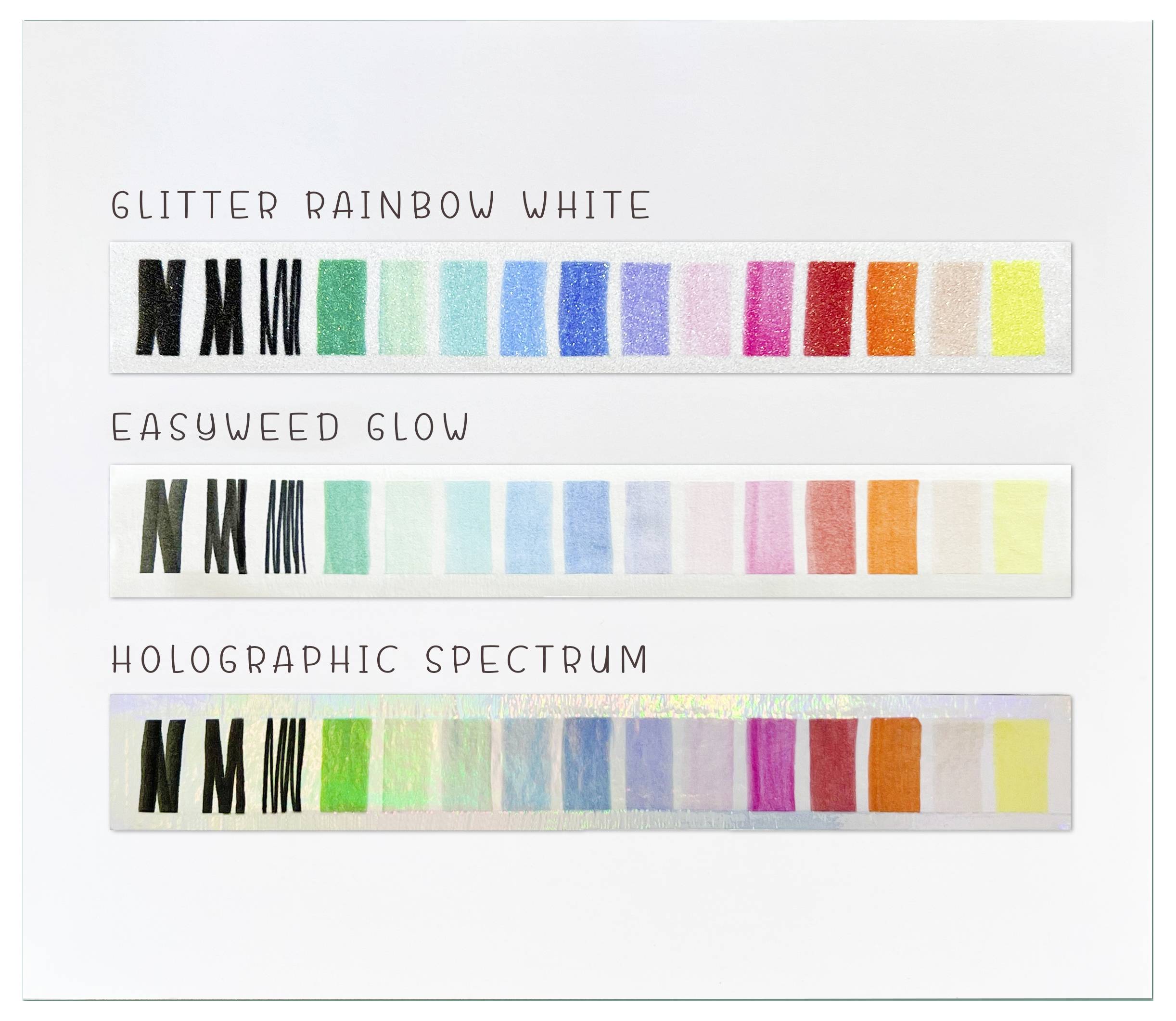 Slika prikazuje tri reda uzoraka boja označenih s 'Glitter Rainbow White', 'Easyweed Glow' i 'Holographic Spectrum', koji prikazuju različite nijanse.