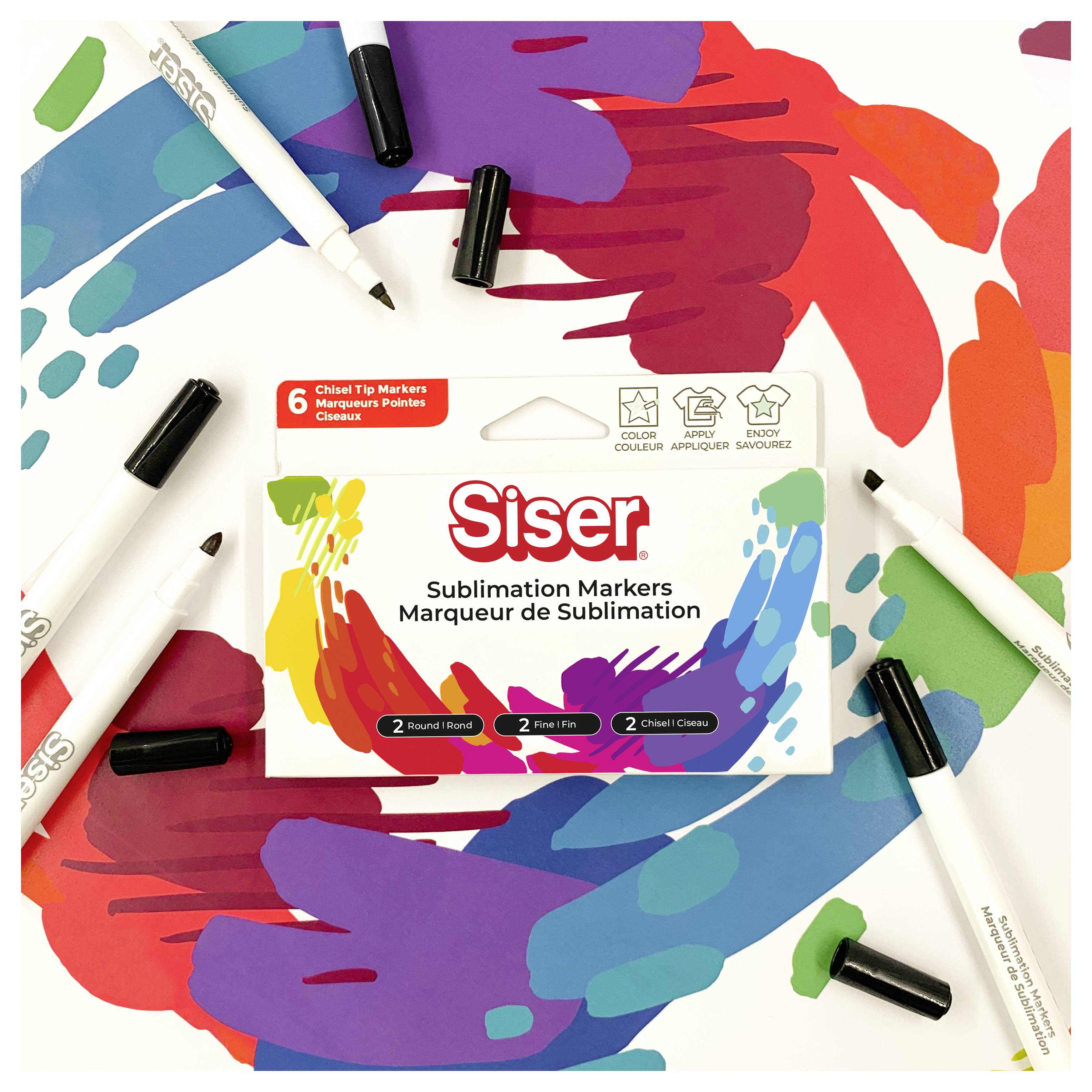 Paket 'Siser Sublimation Markers' na šarenom, apstraktno naslikаnom pozadinom. Uključuje šest markera s različitim stilovima vrhova.
