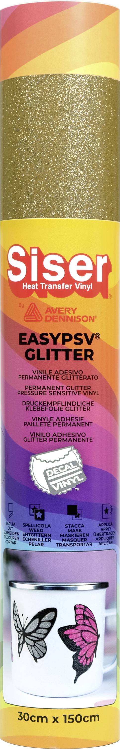 'EasyPSV Glitter' vinil rol tvrtke Siser, 30cm x 150cm, prikazan u pakiranju s dizajnom leptira i živahnom obojenom pozadinom.