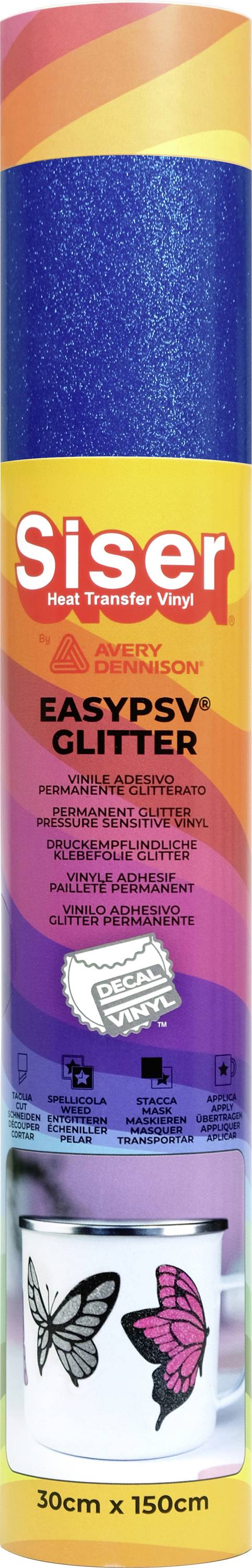 Šareno, valjkasto pakiranje 'Siser EasyPSV Glitter' vinila, sa leptirima i primjerima projekata, dimenzija 30cm x 150cm.