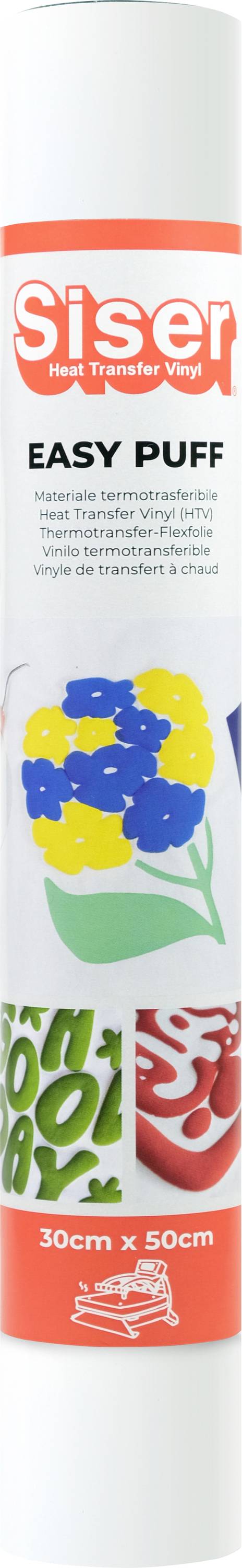 Rola bijelog vinila označena sa 'Siser Easy Puff' za prijenos topline s slikama šarenih cvijeća i dekorativnih brojeva. Veličina: 30cm x 50cm.