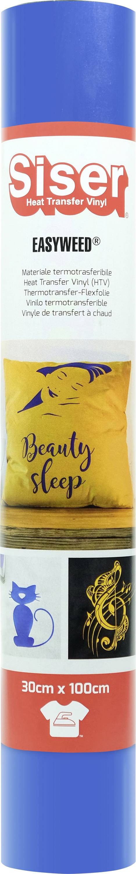 Plava rola označena sa 'Siser' s natpisom 'Easyweed' na njoj. Slike pokazuju žuti jastuk s natpisom 'Beauty Sleep', plave mačke i žutom graficom gitare.