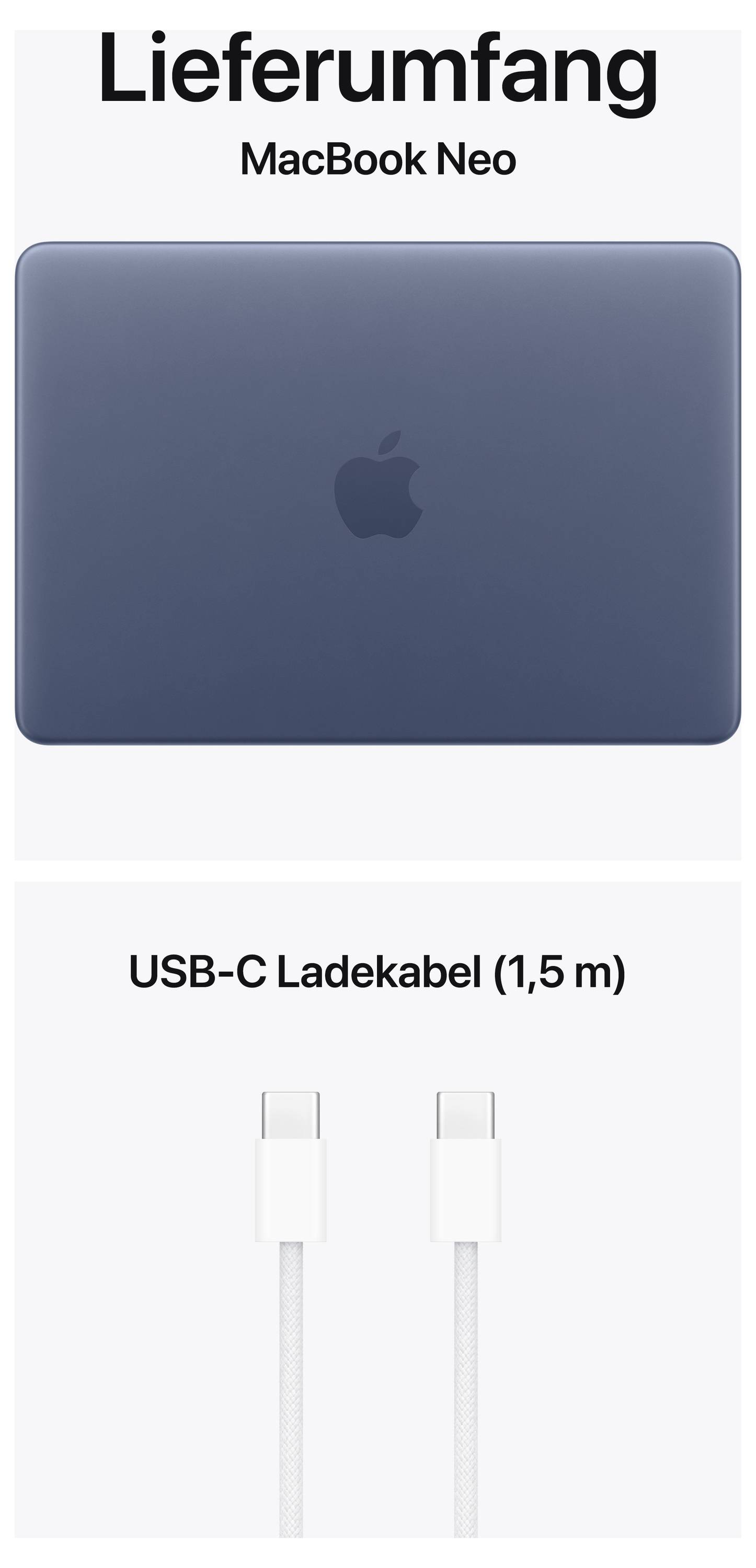 'Sadržaj pakiranja MacBook Neo': Slika prikazuje zatvoreni MacBook Neo i USB-C kabel za punjenje (1,5 m).