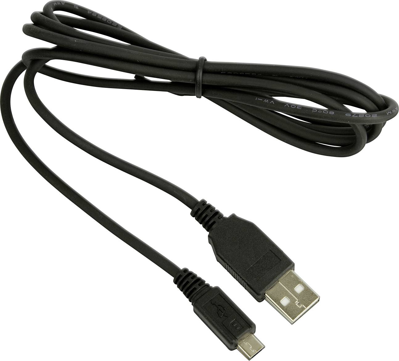Crni USB kabel sa standardnim USB-A konektorom na jednom kraju i micro USB konektorom na drugom kraju, uredno namotан u spiralu.