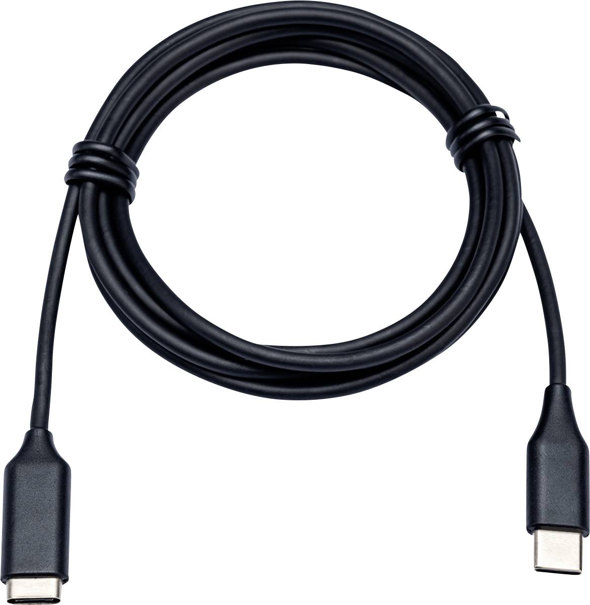 Crni USB-C na USB-C kabel spoljen u kružnom obliku, prikazujući oba konektora. Prikladan za punjenje i prijenos podataka.