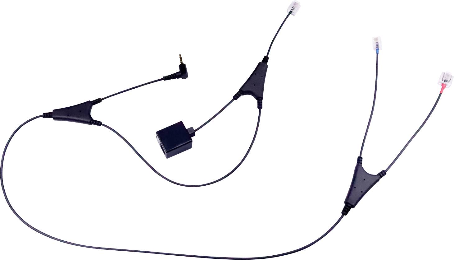 Crni kabel za dijeljenje audio signala s dva 3,5 mm audio priključka i dva RJ11 konektora na oba kraja za spajanje više uređaja.