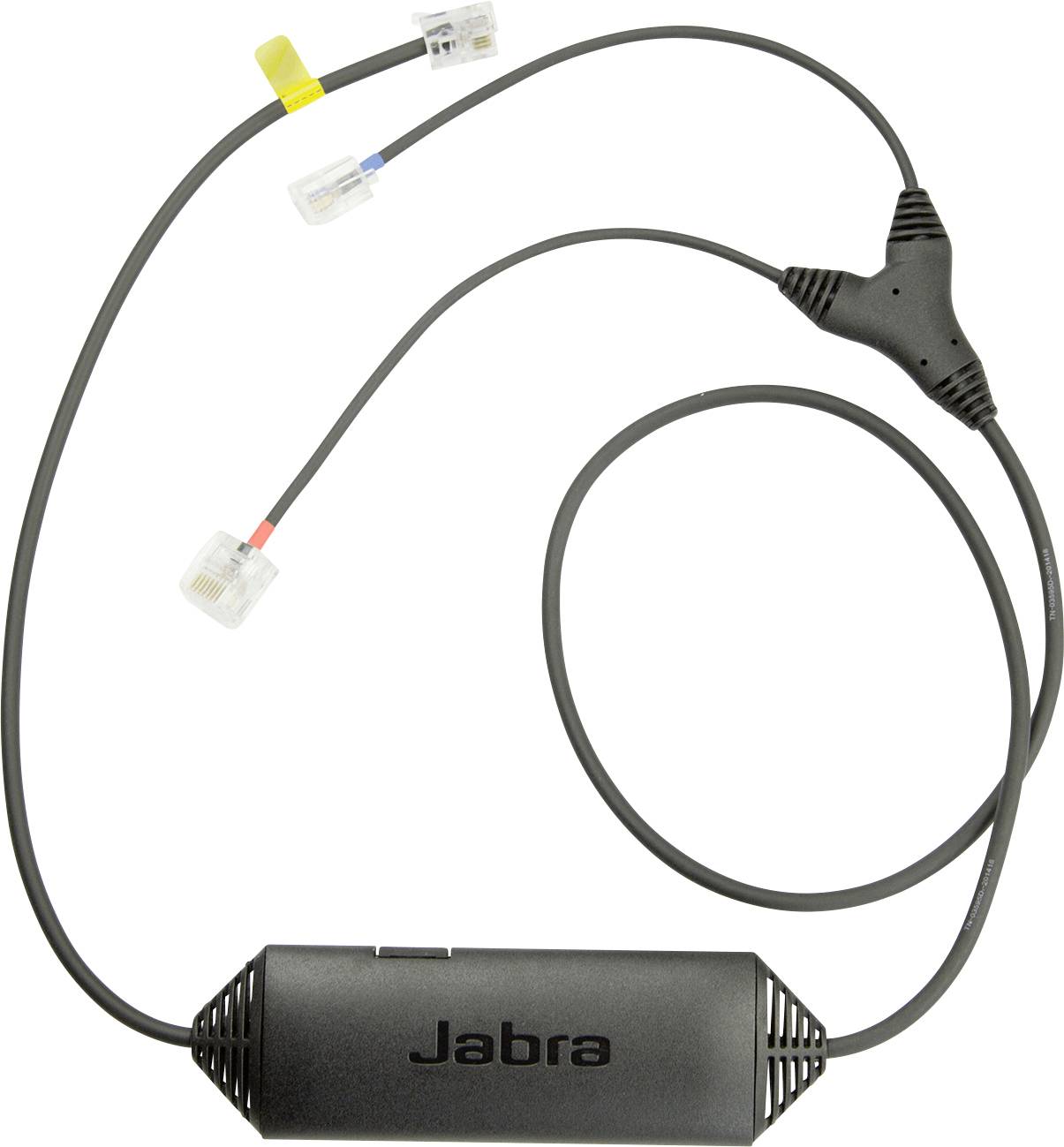 Crni elektronički uređaj marke 'Jabra' s više priključaka i kablova koji se granaju, korišten za audio ili komunikacijske svrhe.