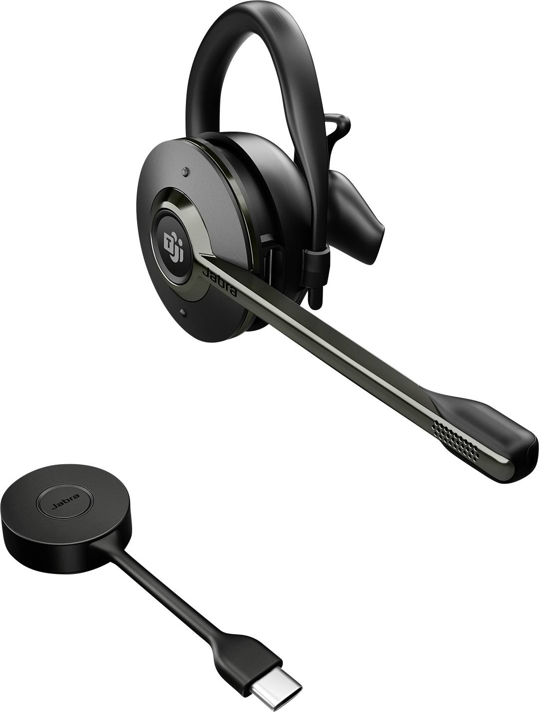 Crne Jabra natakne slušalice s bum mikrofonom i USB-C punionim adapterom prikazane na bijeloj podlozi.
