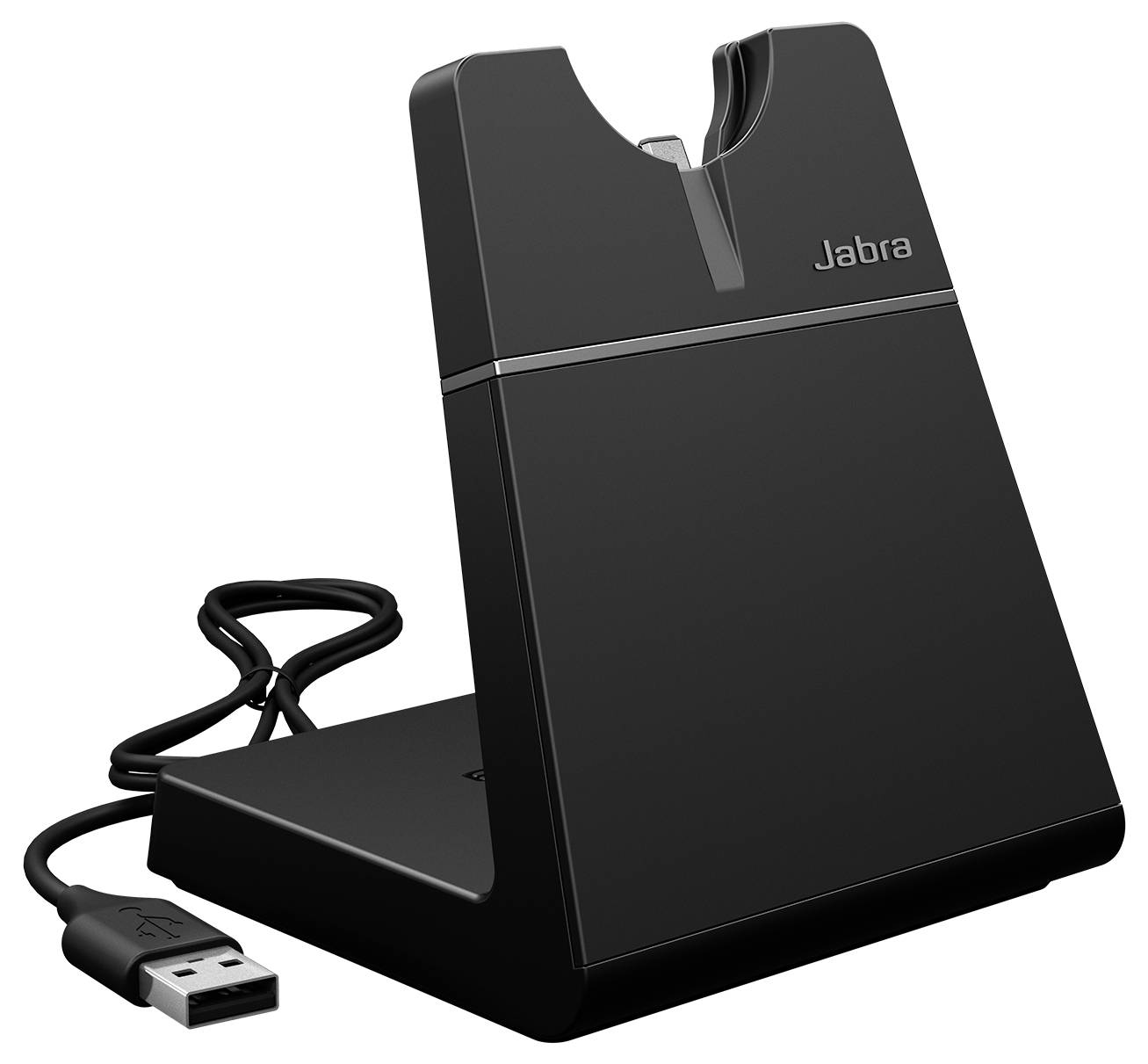 Crna Jabra postaja za punjenje s priloženim USB kablom i usidren stalak za slušalice na bijeloj pozadini.
