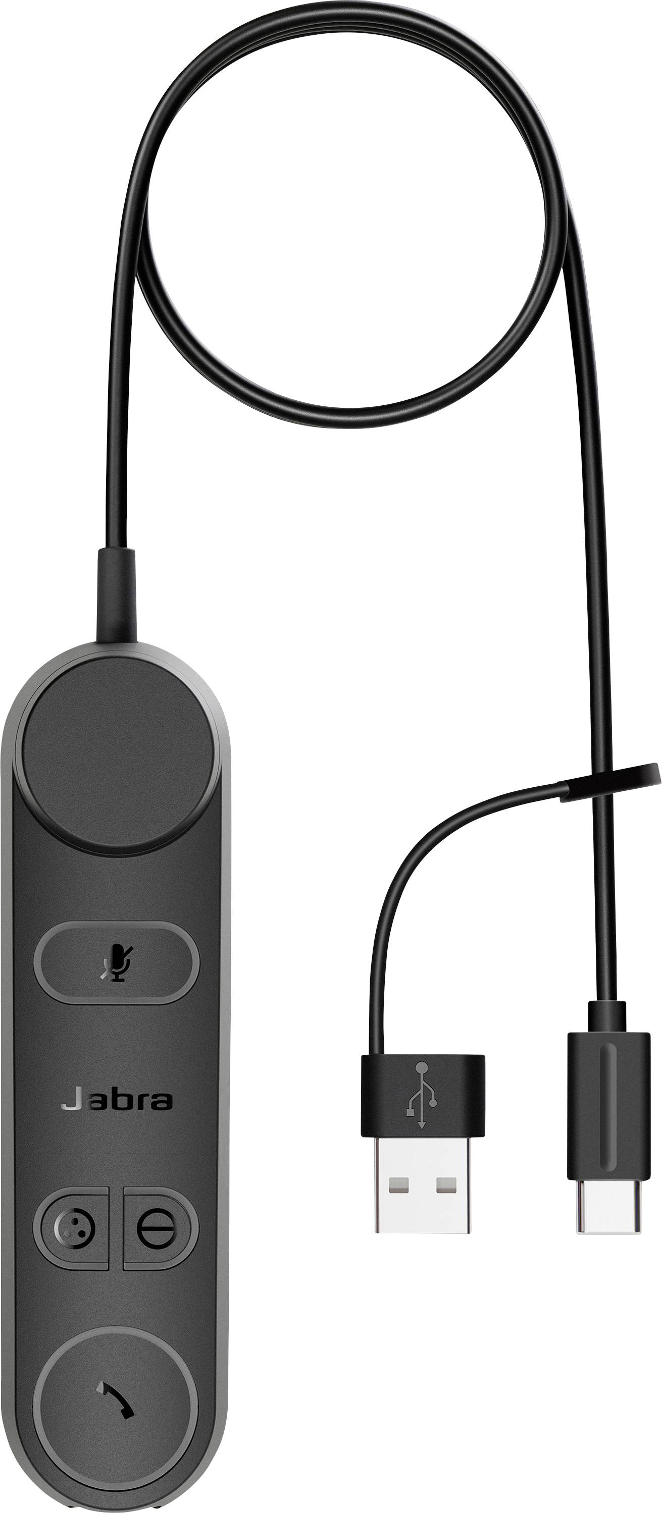 Crni Jabra žičani headset s встрoјenom kontrolom, USB-A i USB-C konektorima, s prikazanim mikrofonom, tipkama za pozive, glasnoćom i isključivanjem zvuka.