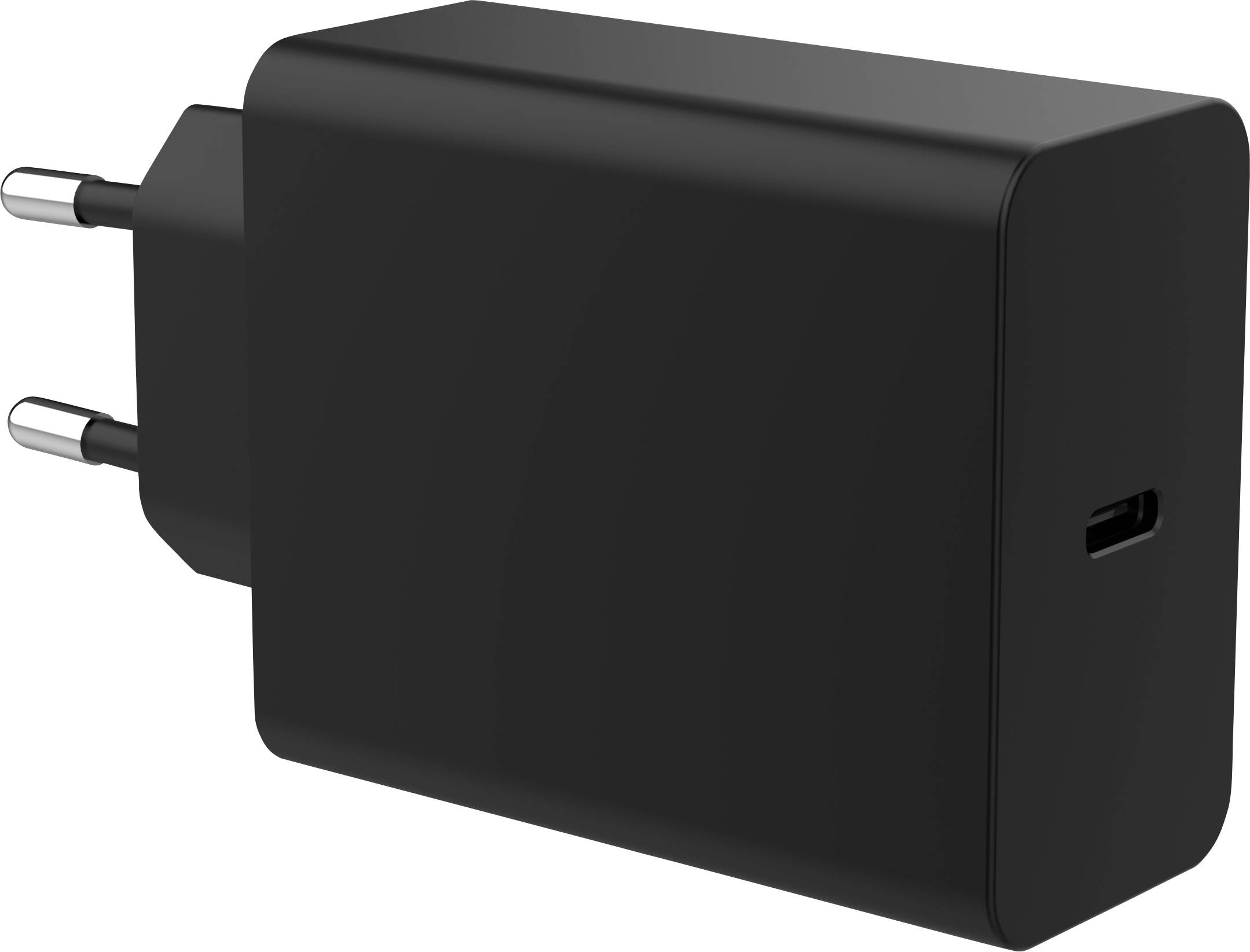 Crni USB-C zidni punjač s dva-pinski utikačem, dizajniran za punjenje elektroničkih uređaja.