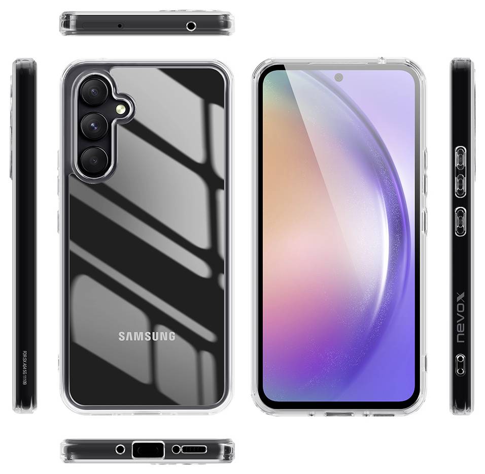 Samsung pametni telefon prikazan u više prikaza: prednji zaslon, stražnja strana s trostrukom kamerom, te gornji, donji i bočni profili u prozirnoj zaštitnoj futroli.