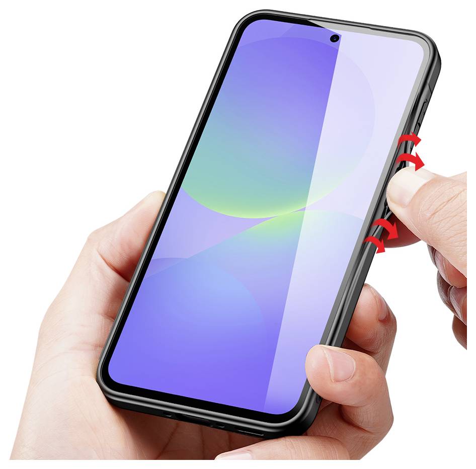Ruke koje drže pametni telefon s crnom futrolom, prikazujući kako se pritišće bočna gumb s crvenim strelicama koje označavaju radnju.