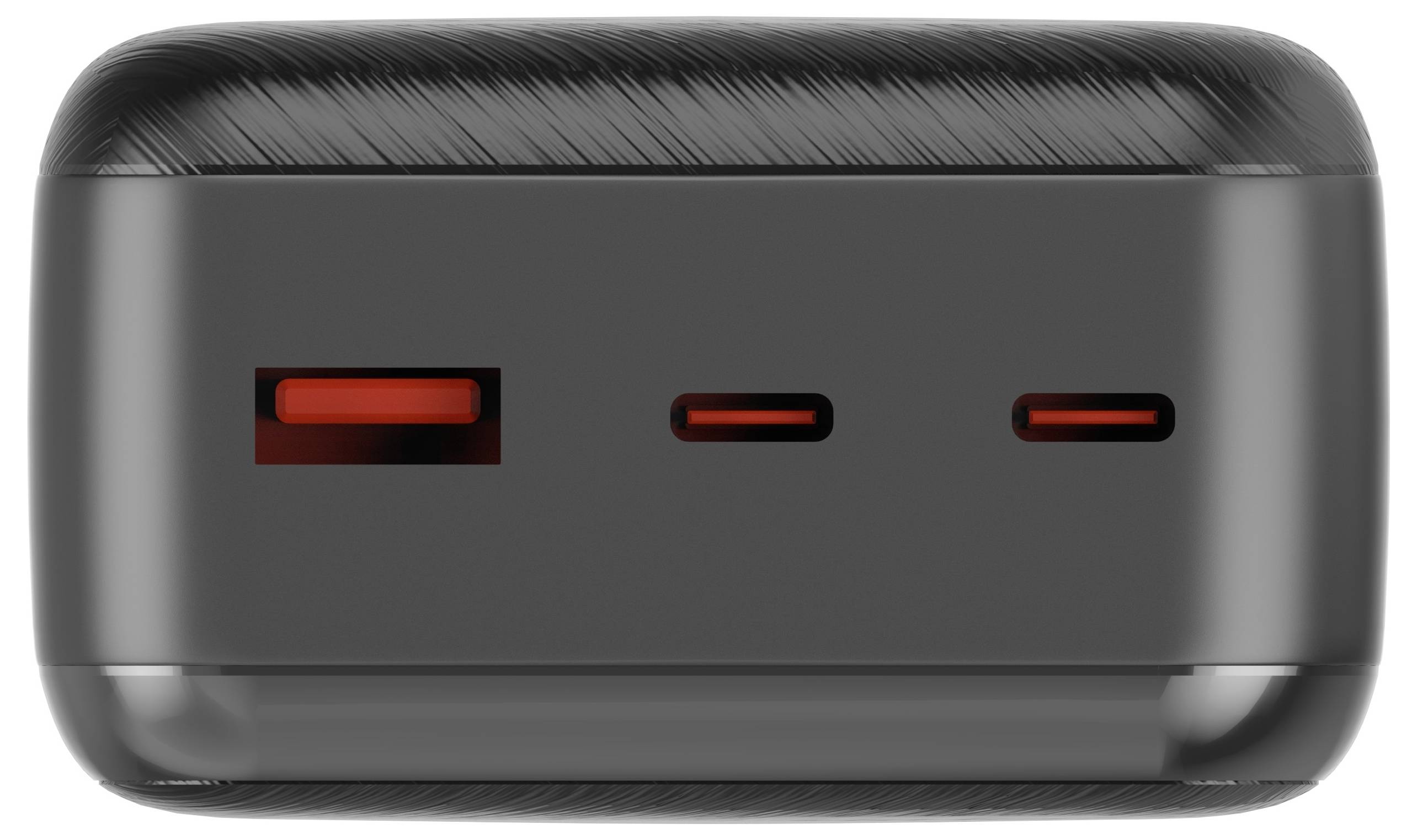 'Crna pravokutna powerbank s jednim USB Type-A priključkom i dva USB Type-C priključka na boku, dizajnirana za punjenje elektroničkih uređaja.'