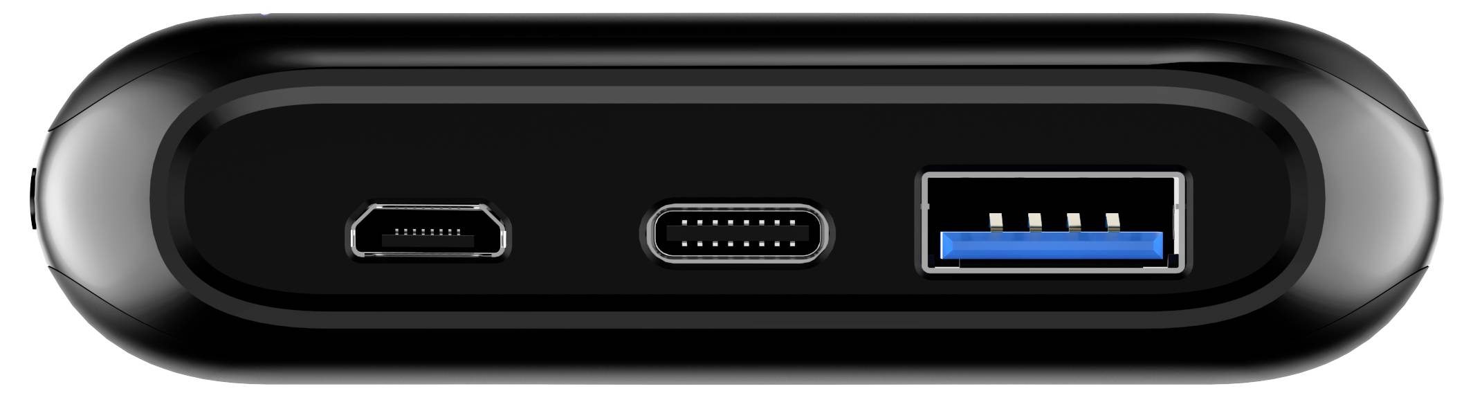 Crna vanjska tvrda disketa s tri priključka: micro USB, USB-C i USB-A.