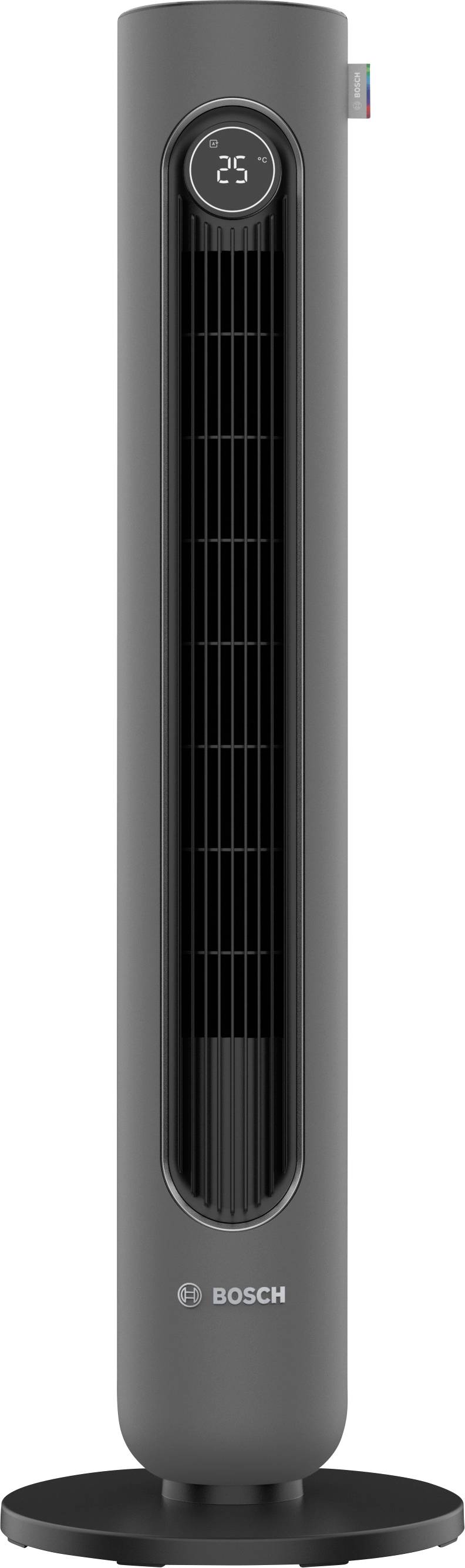 Elegantan, moderan ventilator u obliku stupa u sivoj boji s kružnim digitalnim zaslonom na vrhu koji pokazuje '25'.
