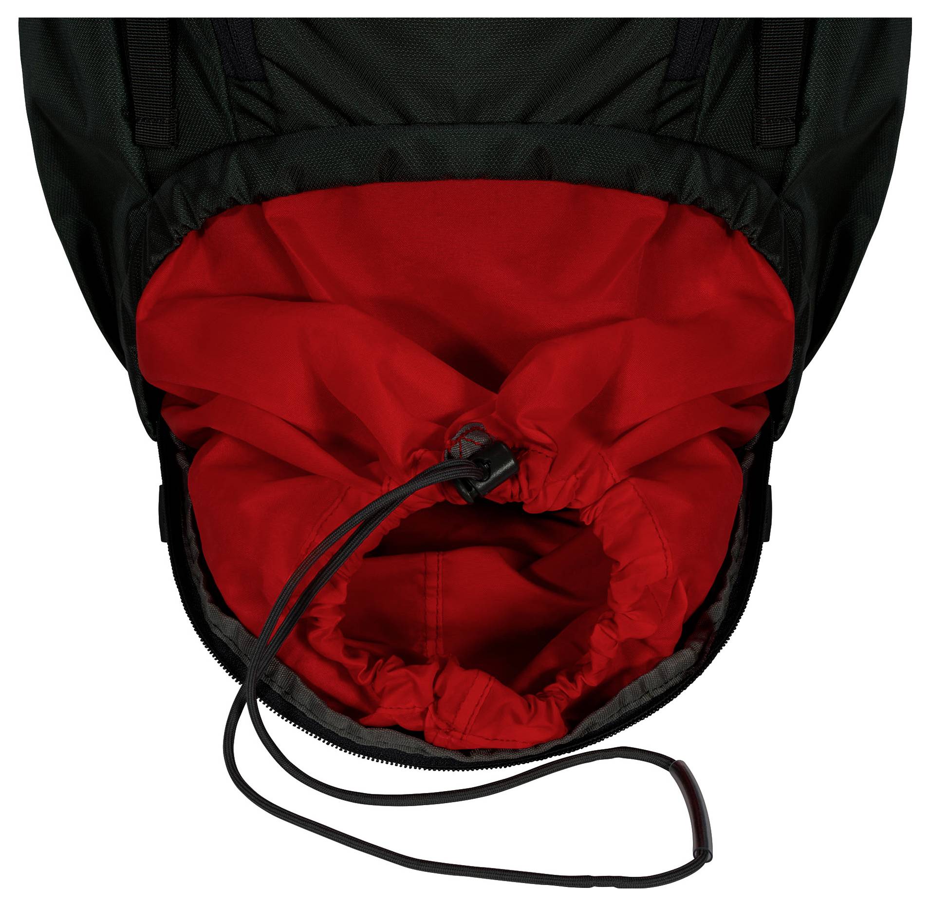 Crni ruksak s crvenom vezanom otvaranjem, prikazujući njegov proširivi odjeljak.