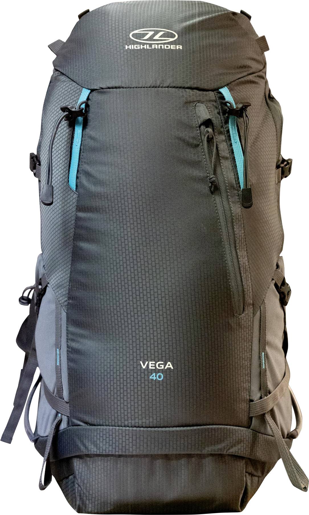 Crni i tirkizni ruksak 'Highlander Vega 40' s više patent zatvarača i odjeljaka, dizajniran za planinarenje i outdoor aktivnosti.