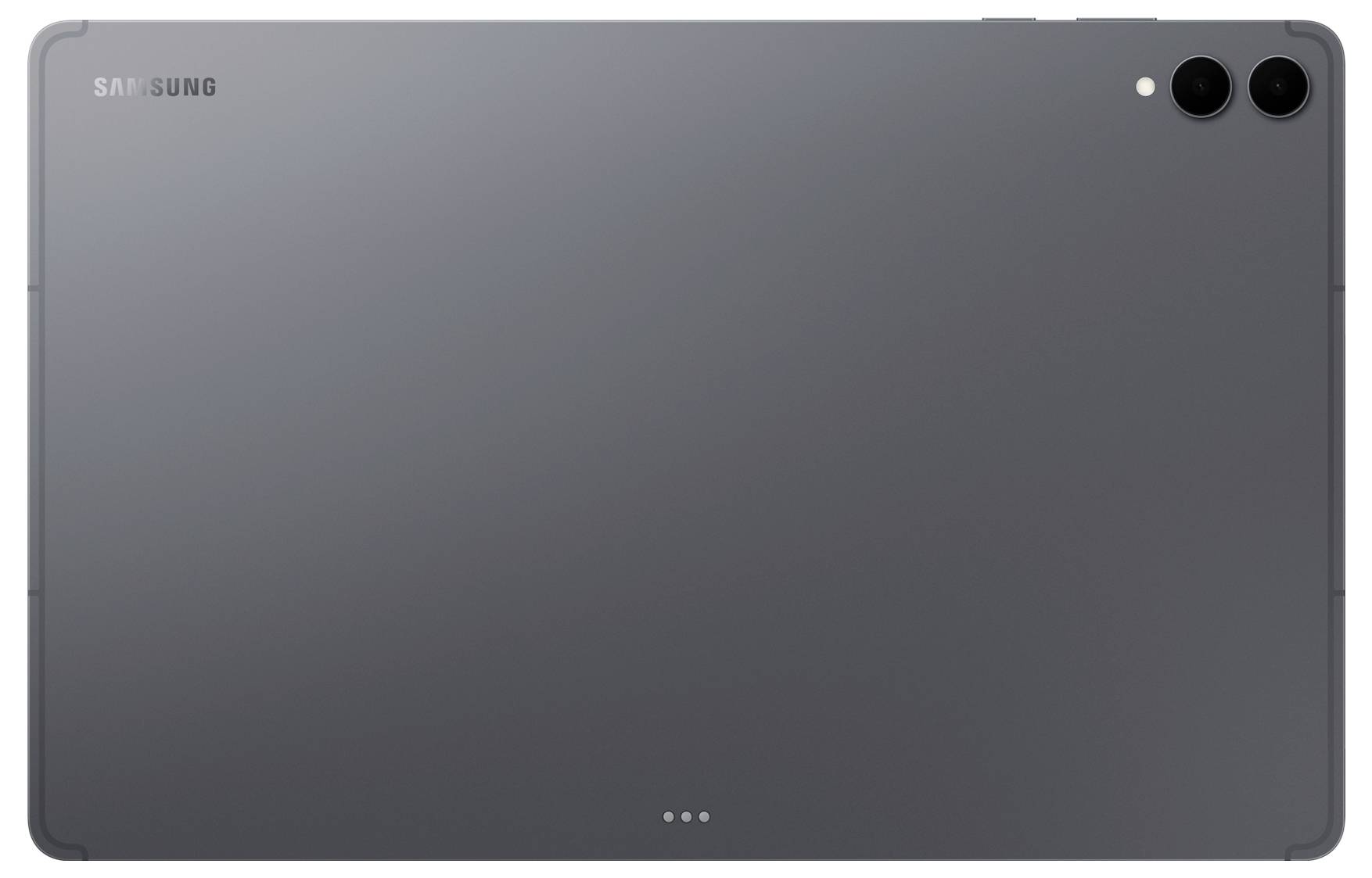 Pogled od pozadi tamnosive tablete koja prikazuje Samsung logotip i dual kamernu postavu u gornjem desnom kutu.