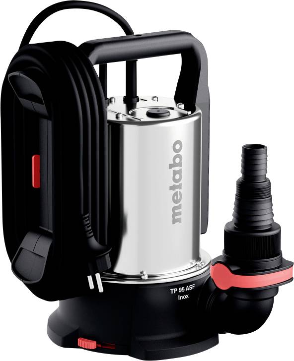 Srebrno-crna vodena pumpa s priključkom za crijevo i ručkom, označena 'metabo TP 95 ASF Inox'.