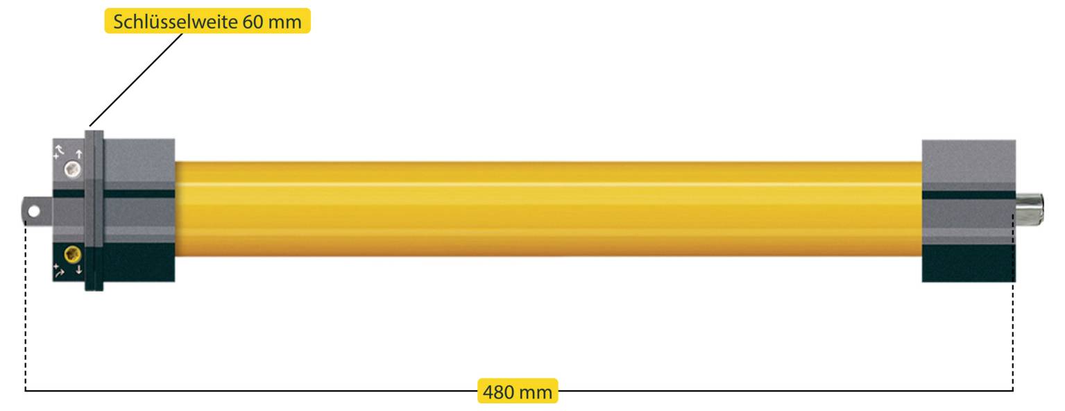 Narančasti cilindrični predmet duljine 480 mm s heksagonalnim krajem i širinom ključa od 60 mm, prikazan na tehnički ilustraciji.