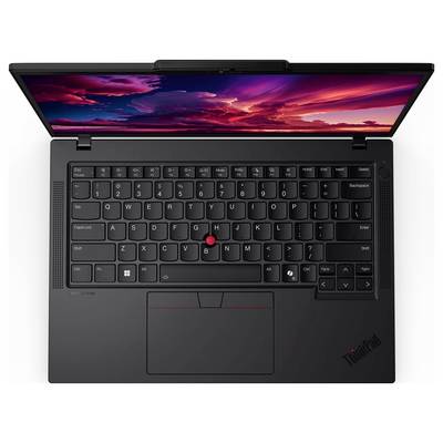 Crni Lenovo ThinkPad prijenosnik otvoren s colorful sunset pozadinom, prikazuje tipkovnicu, TrackPoint, touchpad i zaslon.