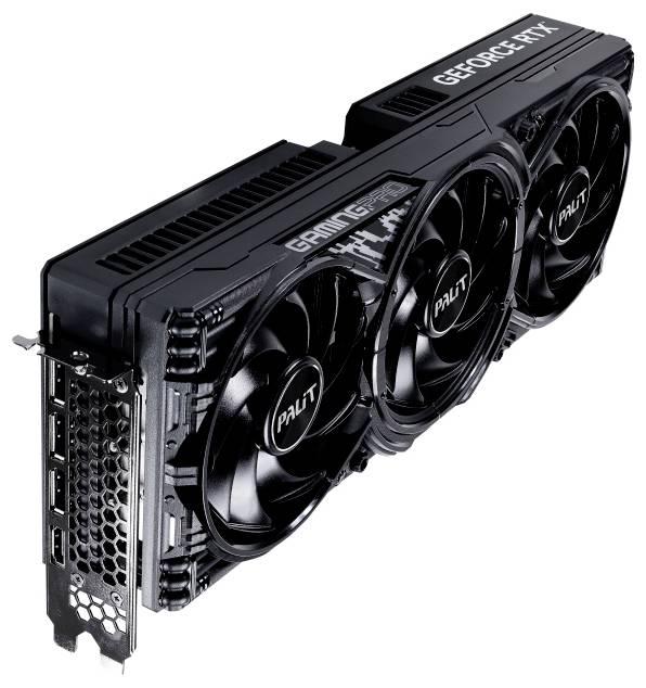 Crna Palit GeForce RTX gaming grafička kartica s tri hladnjaka i metalnom zagradom na bijeloj pozadini
