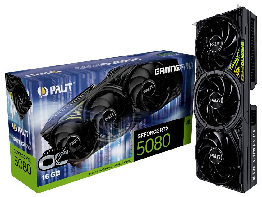 Palit GamingPro GeForce RTX 5080 grafička kartica kutija i GPU s tri ventilatora, označena s 16 GB