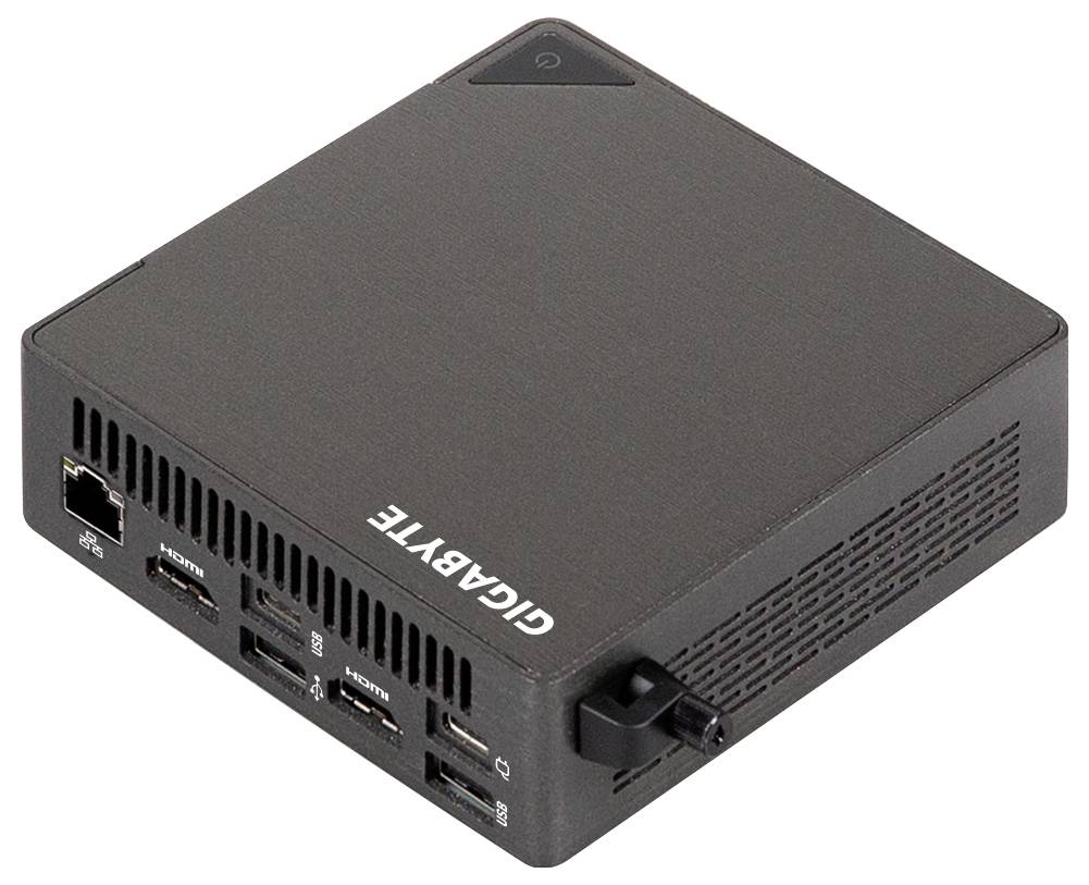 Kompaktan crni Gigabyte mini-PC s više portova na prednjoj i bočnoj strani, uključujući USB, HDMI i Ethernet.