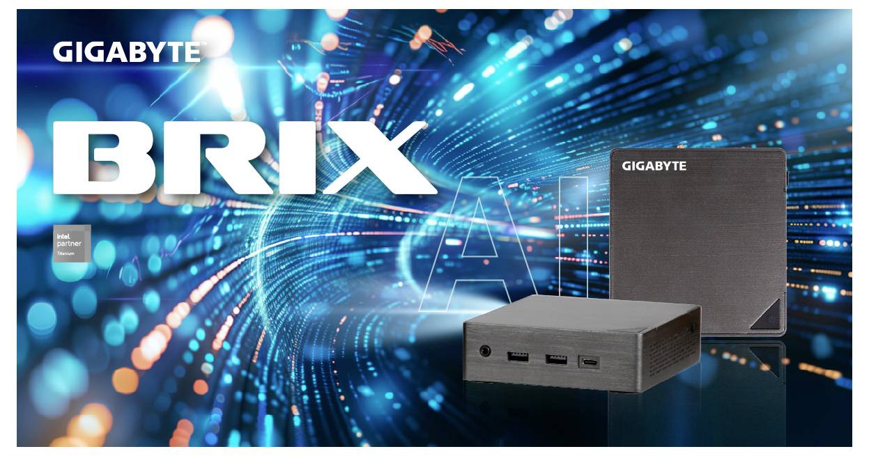 Prikazana je mini-PC računala GIGABYTE BRIX s dinamičnom plavom pozadinom koja ima visokotehnološku, digitalnu temu.