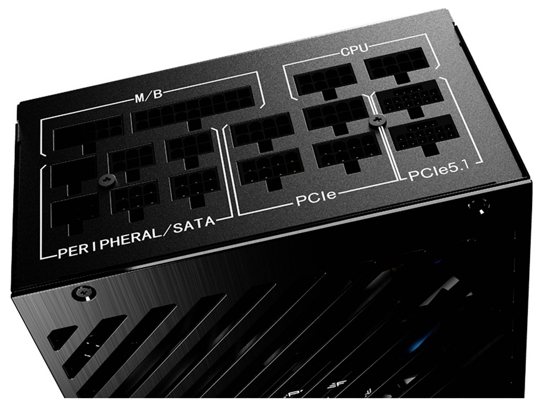 'Crna jedinica za napajanje s označenim priključcima za M/B, CPU, Peripheral/SATA, PCIe i PCIe5.1 veze.'