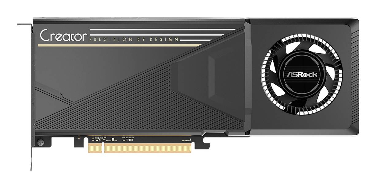'Crna ASRock grafička kartica s velikim hladnjačkim ventilatorom, označena Creator, dizajnirana za preciznost po dizajnu, s PCIe konektorom.'