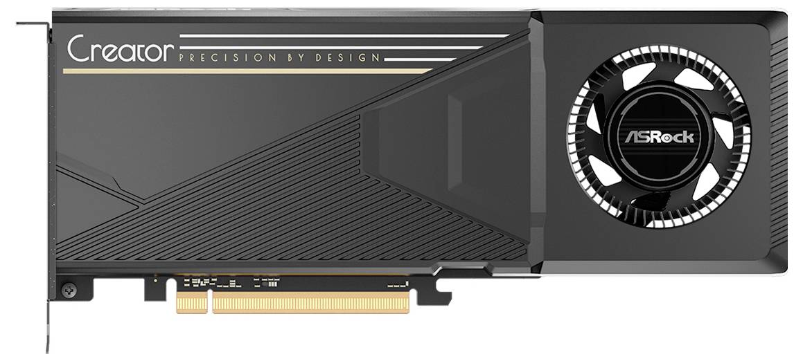 Crna ASRock grafička kartica pod nazivom 'Creator', s ventilatorom na desnoj strani i zlatnim akcentima, dizajnirana za preciznost i performanse.