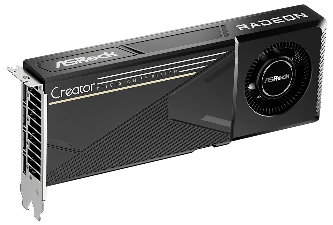 Crna ASRock Creator Radeon grafička kartica s hladnjačkim ventilatorom, dizajnirana za višeperformansno računanje i grafički intenzivne zadatke.
