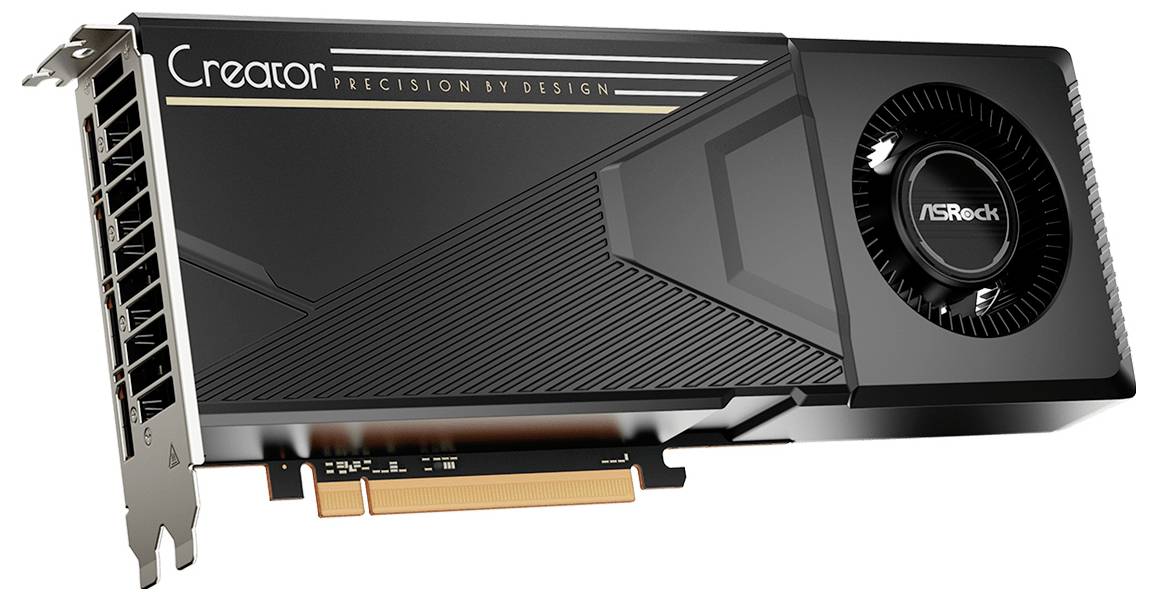 Crna grafička kartica označena 'ASRock Creator', s više портова i velikom ventilatorom za hlađenje, dizajnirana za visokoperformantne računalne sustave.