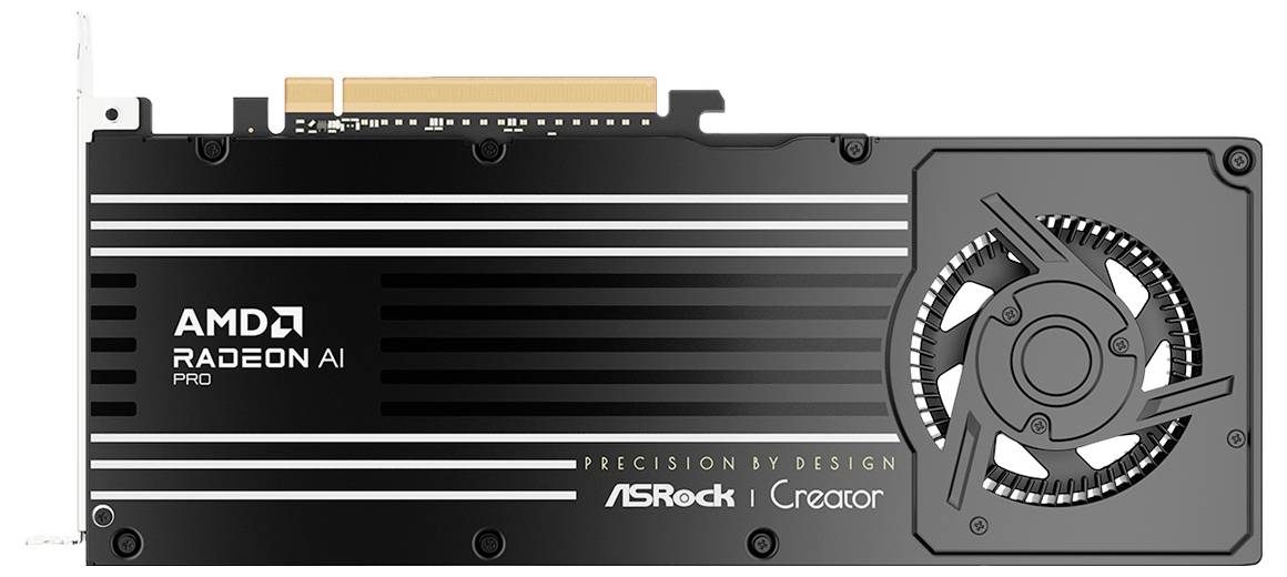 Grafička kartica 'AMD Radeon Pro AI' od ASRocka, sa elegantnim crnim dizajnom, hladnjačkim ventilatorom i tekstom brenda 'Precision by Design'.