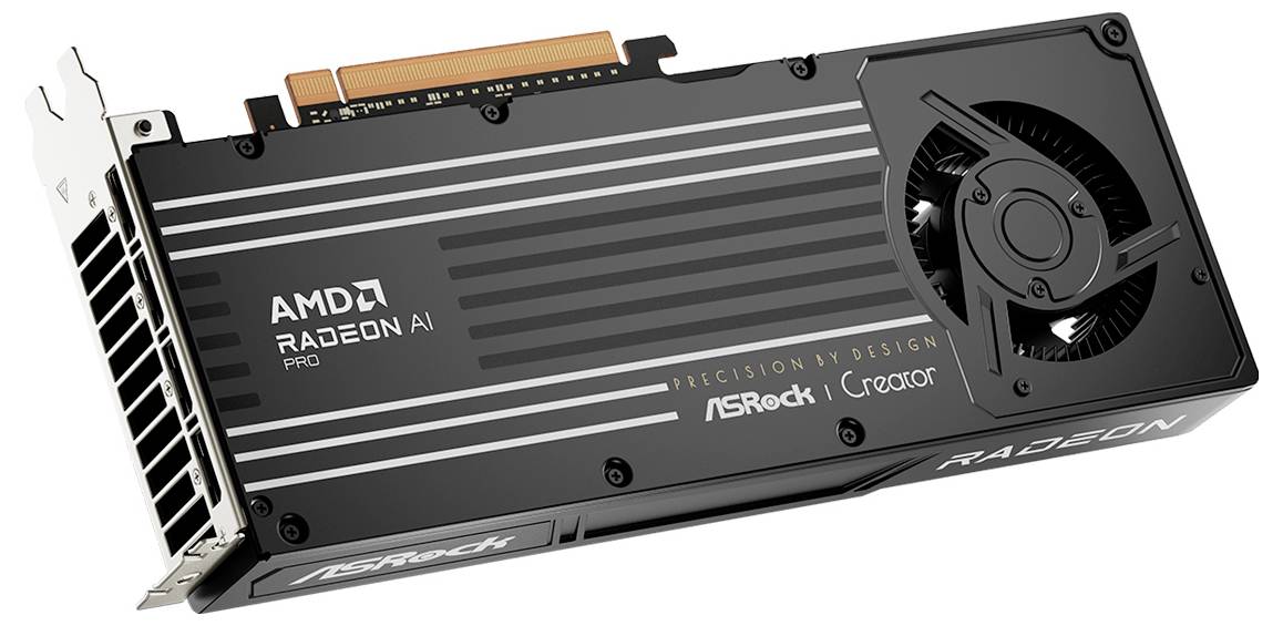 Crna ASRock grafička kartica označena s "AMD Radeon AI Pro" s ventilatorom za hlađenje, više priključaka i bakrenikom, dizajnirana za kreatore.