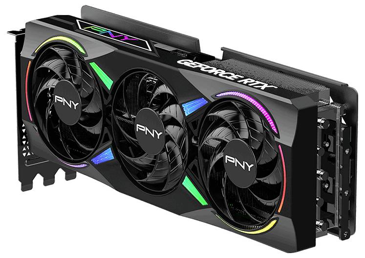 Crna PNY GeForce RTX grafička kartica s tri hladnjaka i šarenim LED akcentima.