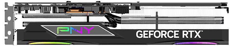 Crna PNY GeForce RTX grafička kartica s šarenim akcentima osvjetljenja i vidljivim sklopovljem na vrhu.